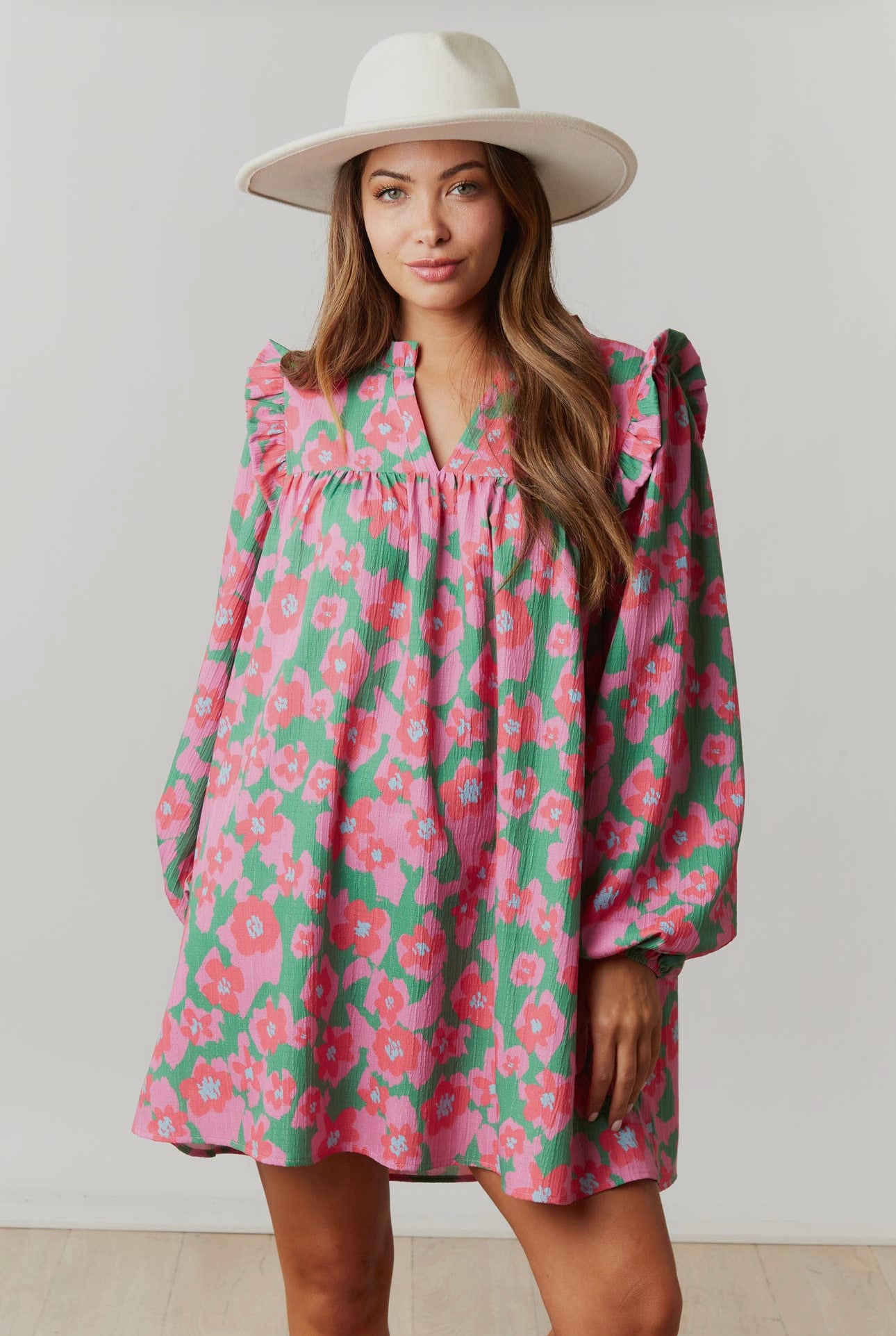 Pink Flowers Long Sleeve Dress - Fantastic Fawn