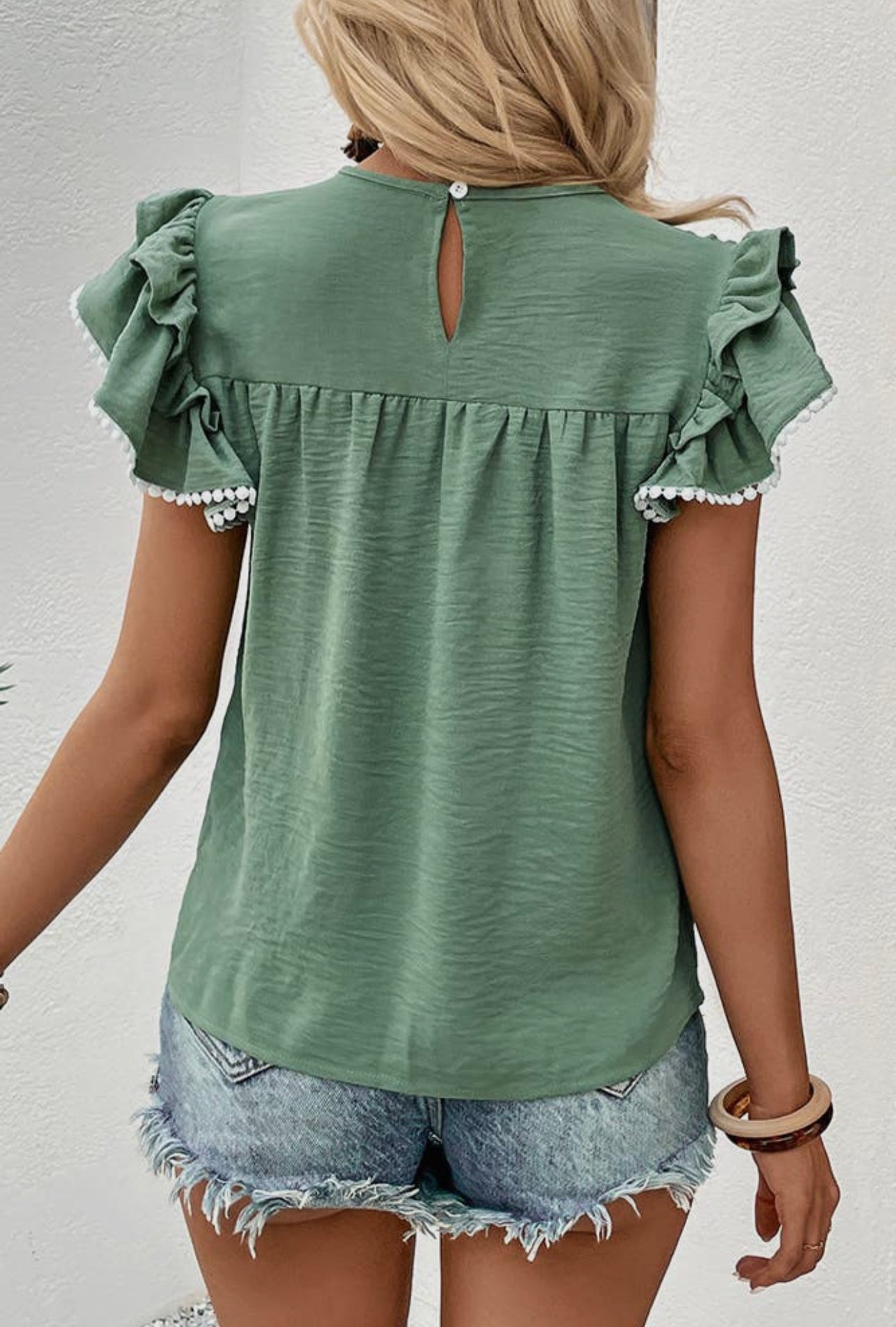 Smocked Ruffle Sleeve Green Top - Unishe