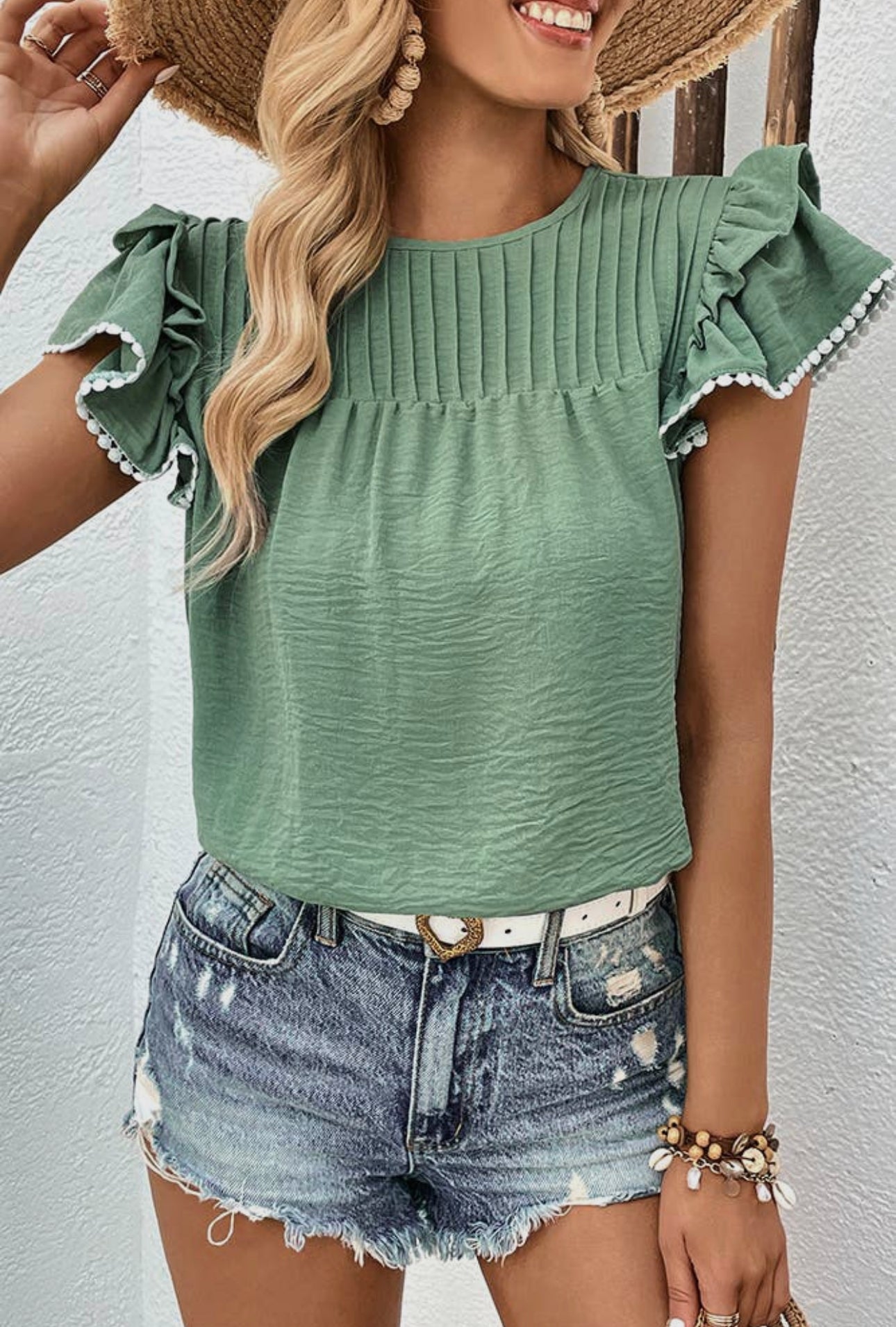 Smocked Ruffle Sleeve Green Top - Unishe