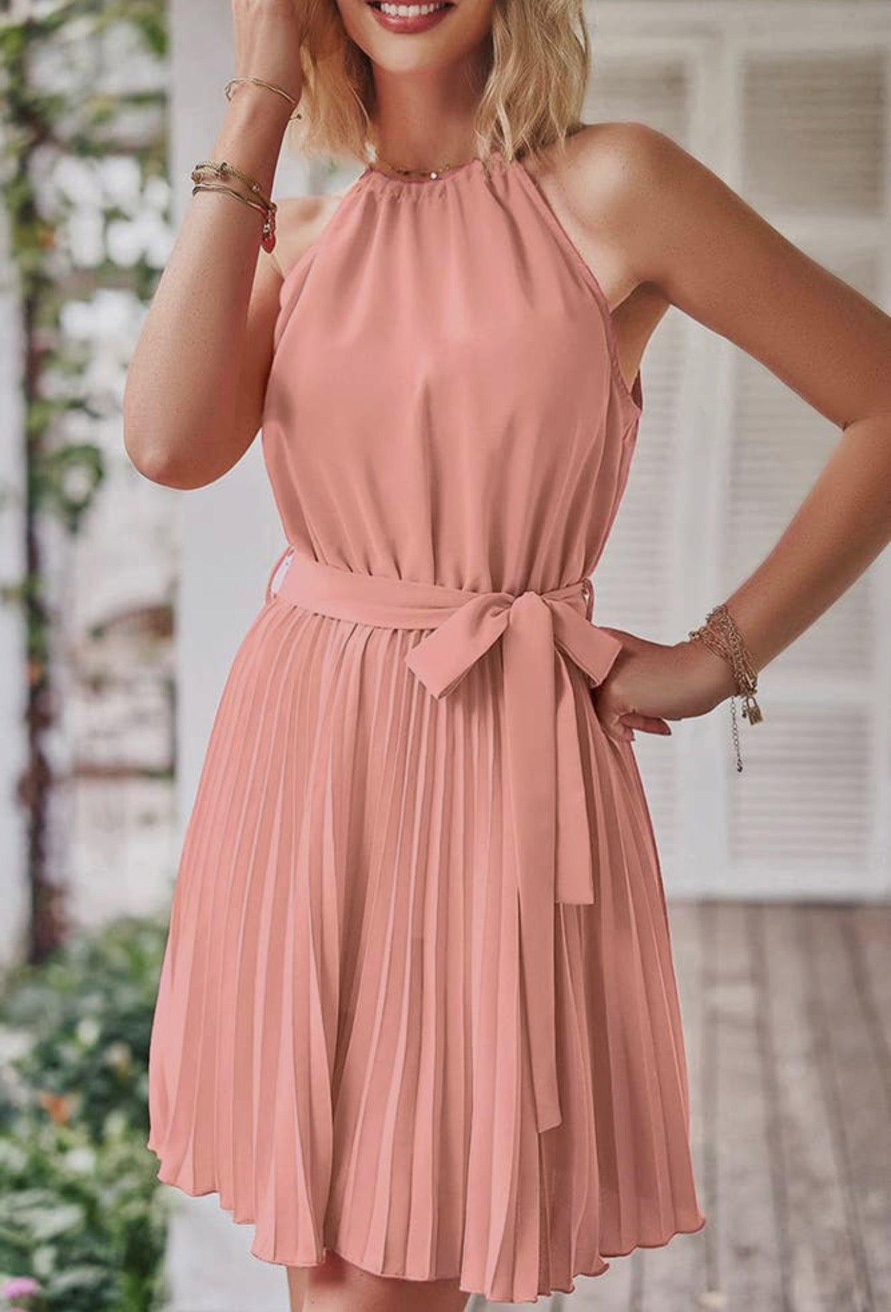 Pleated Pink Halter Dress - Unishe