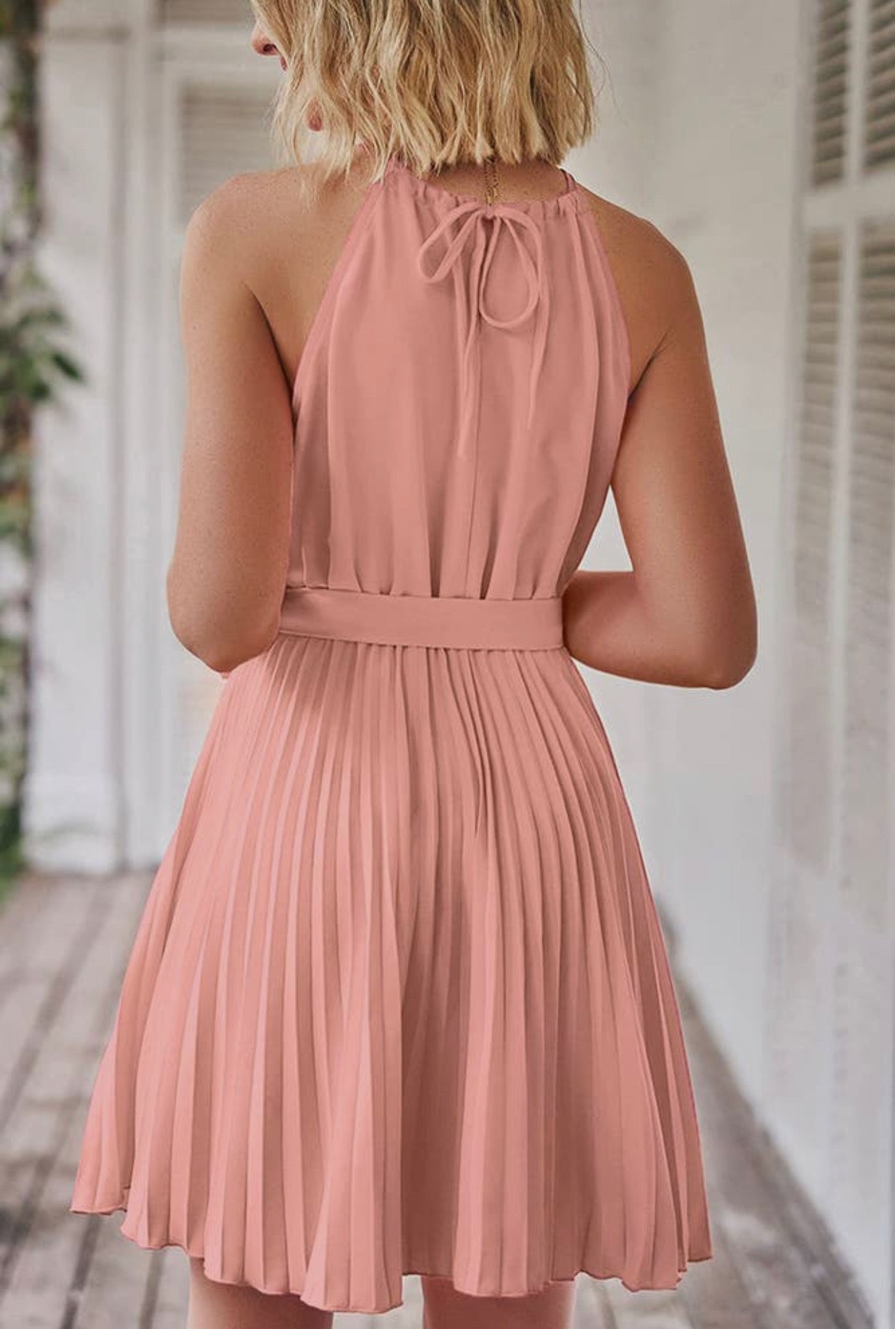 Pleated Pink Halter Dress - Unishe