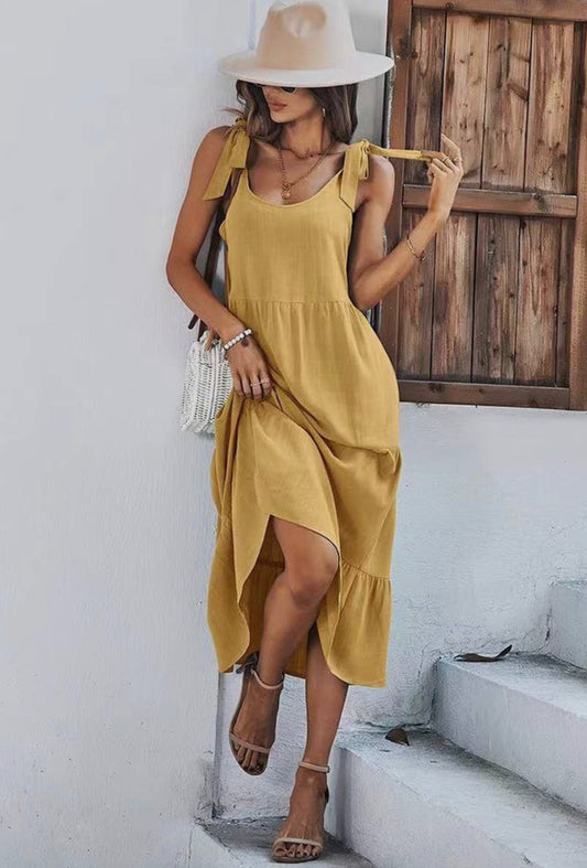 Tie Strap Yellow Midi Dress - Miss Sparkling