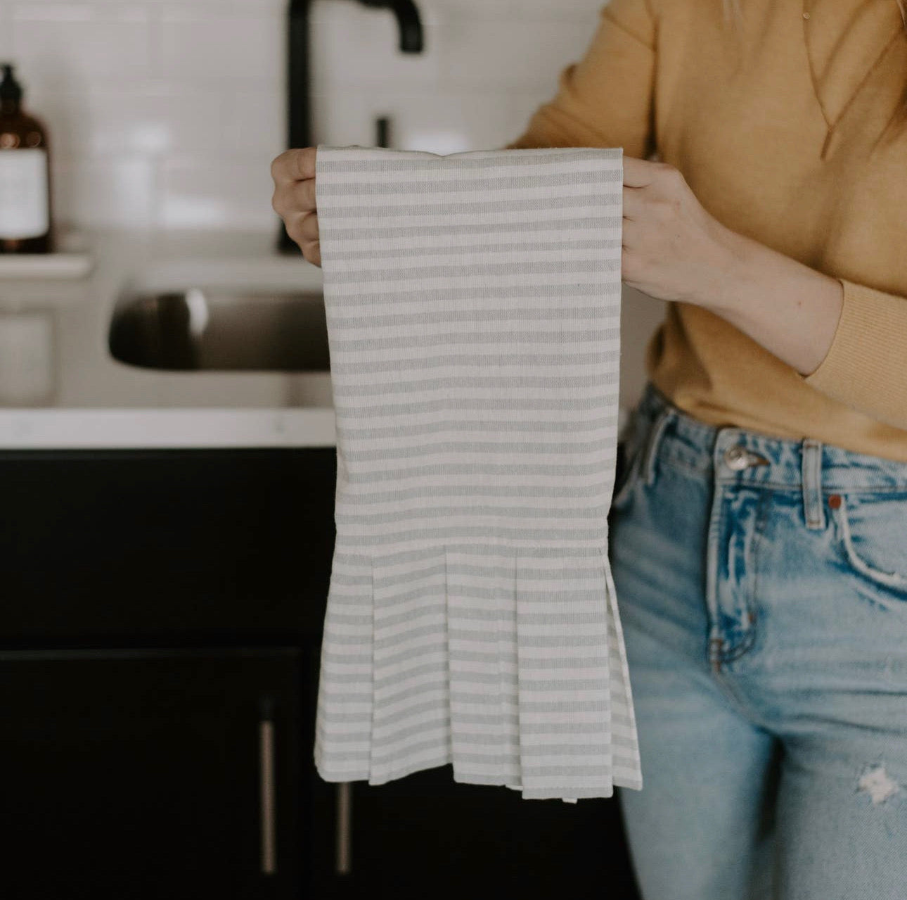 Striped Gray Tea Towel with Ruffle - Sweet Water Decor