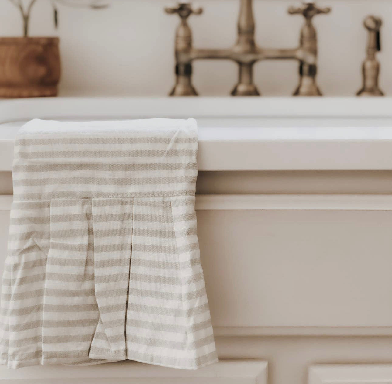 Striped Tan Tea Towel with Ruffle  - Sweet Water Decor