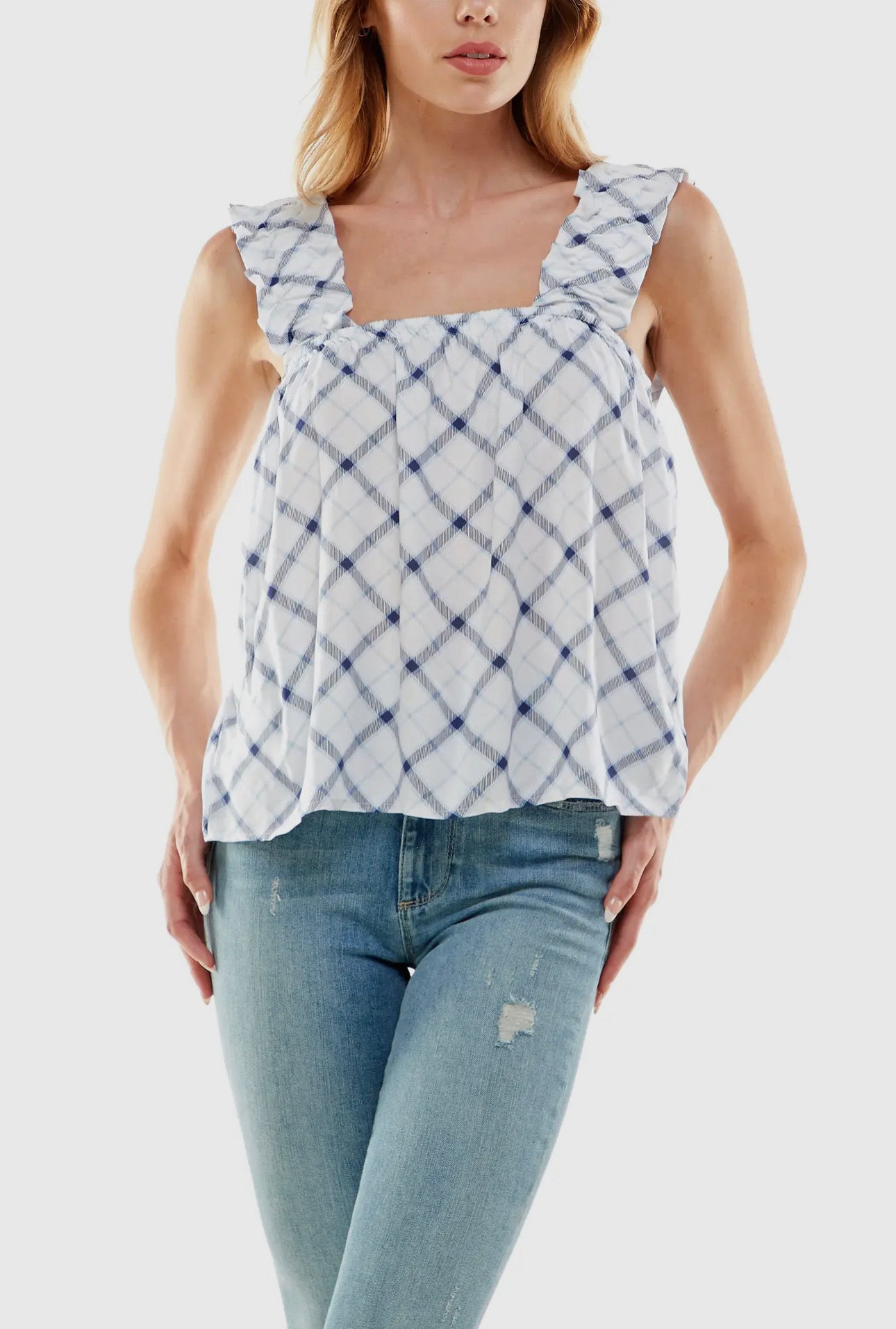 Nova Ruffle Strap White & Navy Tank - Socialite