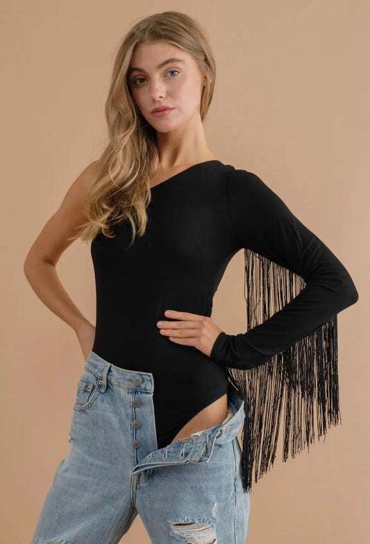 Off the Shoulder Bodysuit with Fringe Black - Blue B