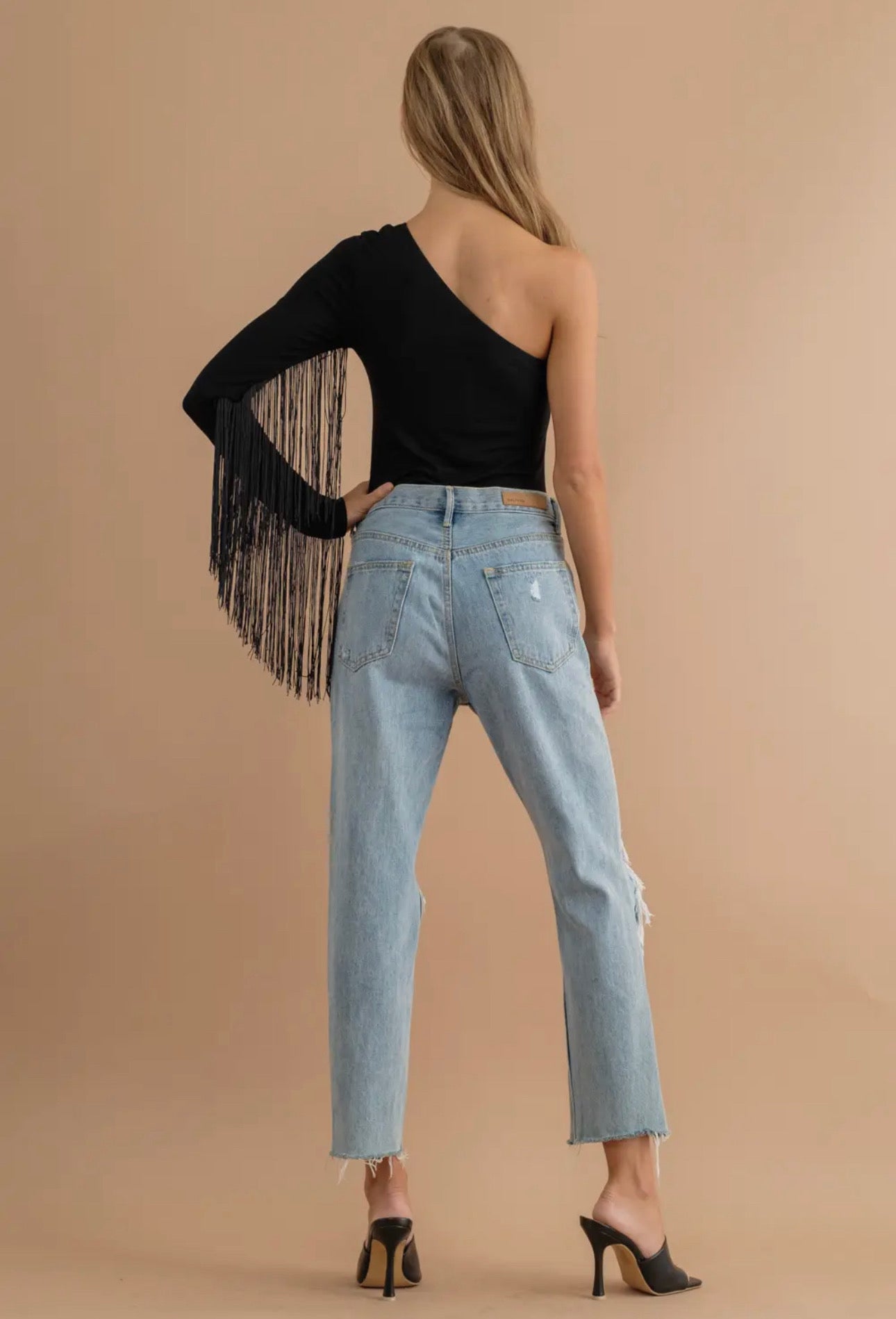 Off the Shoulder Bodysuit with Fringe Black - Blue B