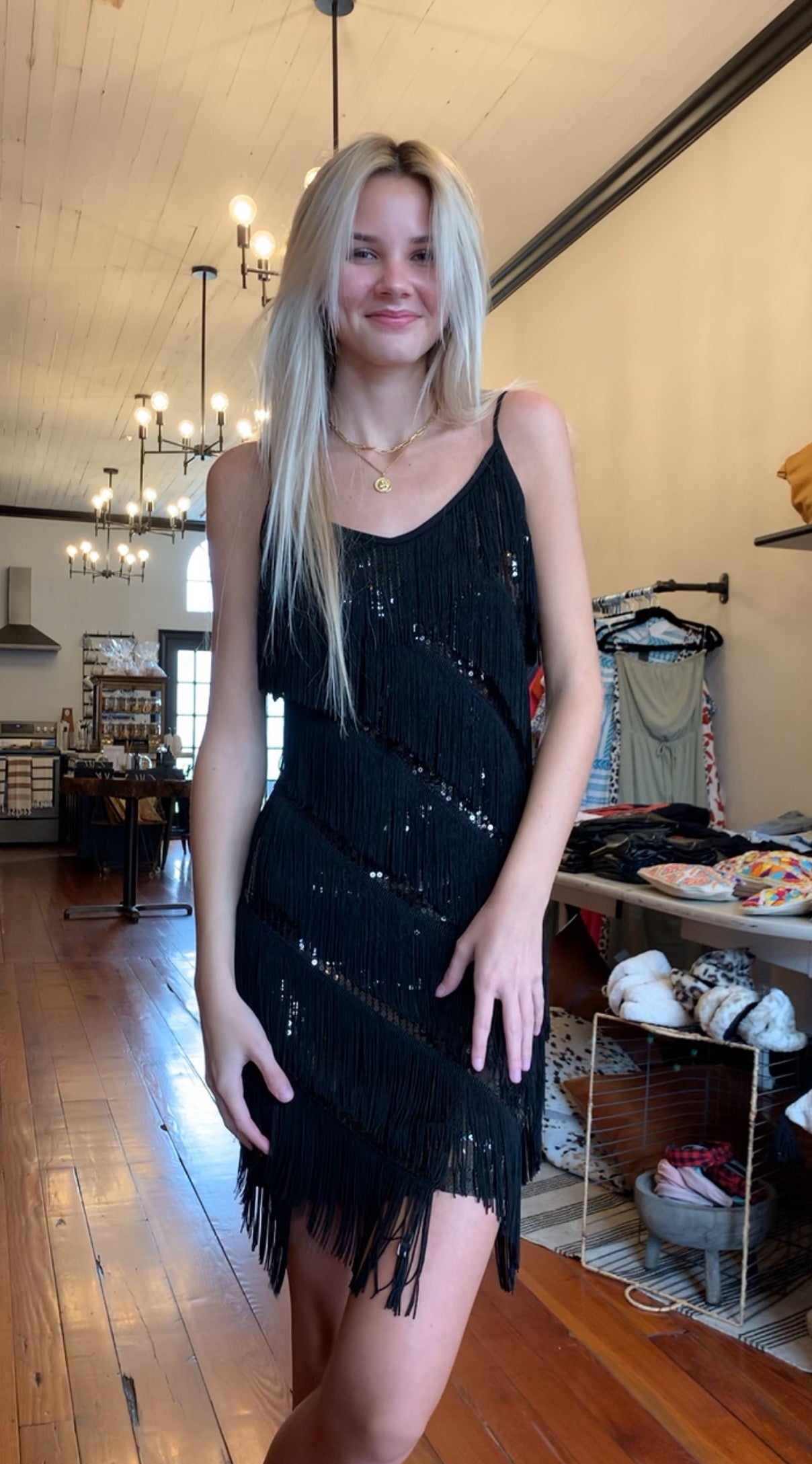 Black Sequin and Fringe Dress - Main Strip