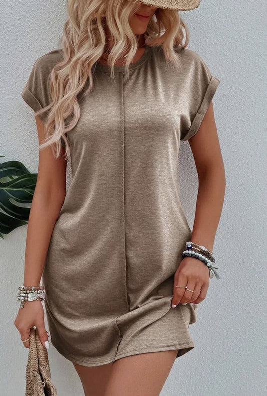 Center Seam T-Shirt Dress in Taupe - Lovesoft