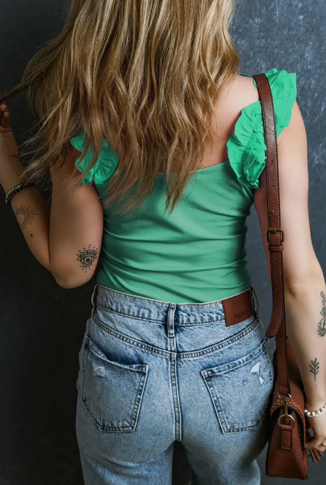 Ruffled Sleeve Green Tank Top - Lovesoft