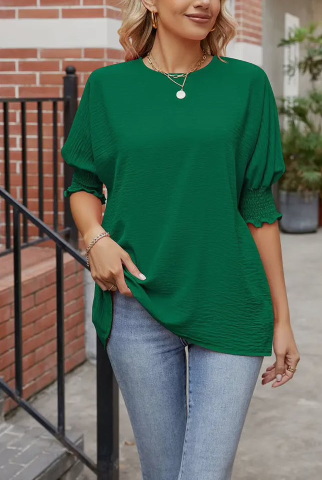 Half Sleeve Smocked Cuff Green Blouse - Unishe