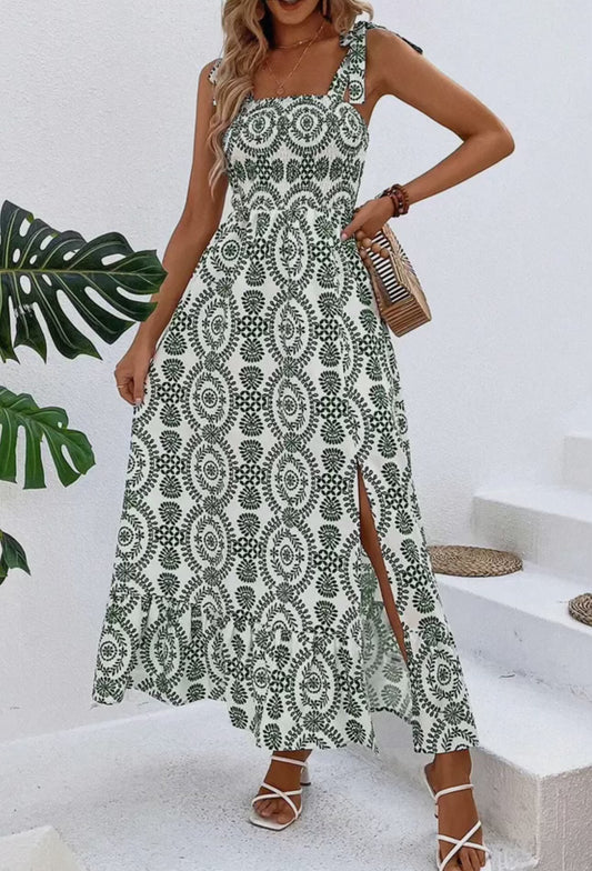 Green Patterned Maxi Dress - Unishe