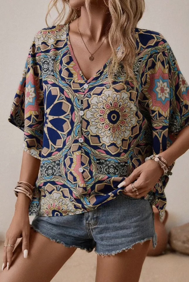 Ethnic Print V-Neck Blouse- Unishe