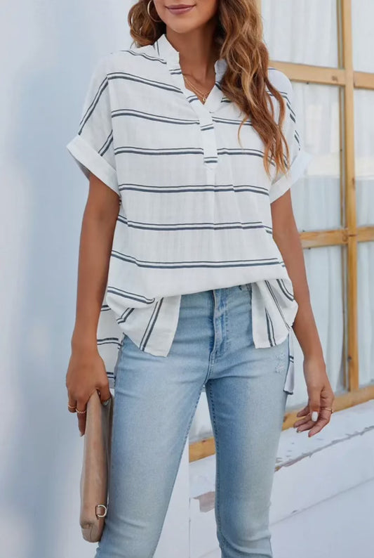 Blue & White Striped V-Neck Top - Unishe