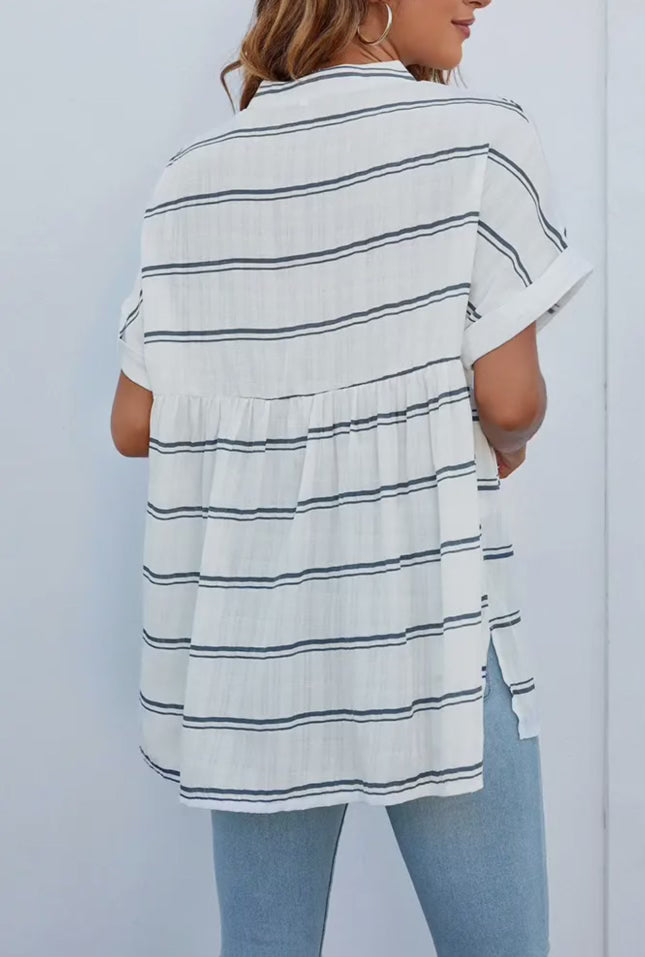 Blue & White Striped V-Neck Top - Unishe