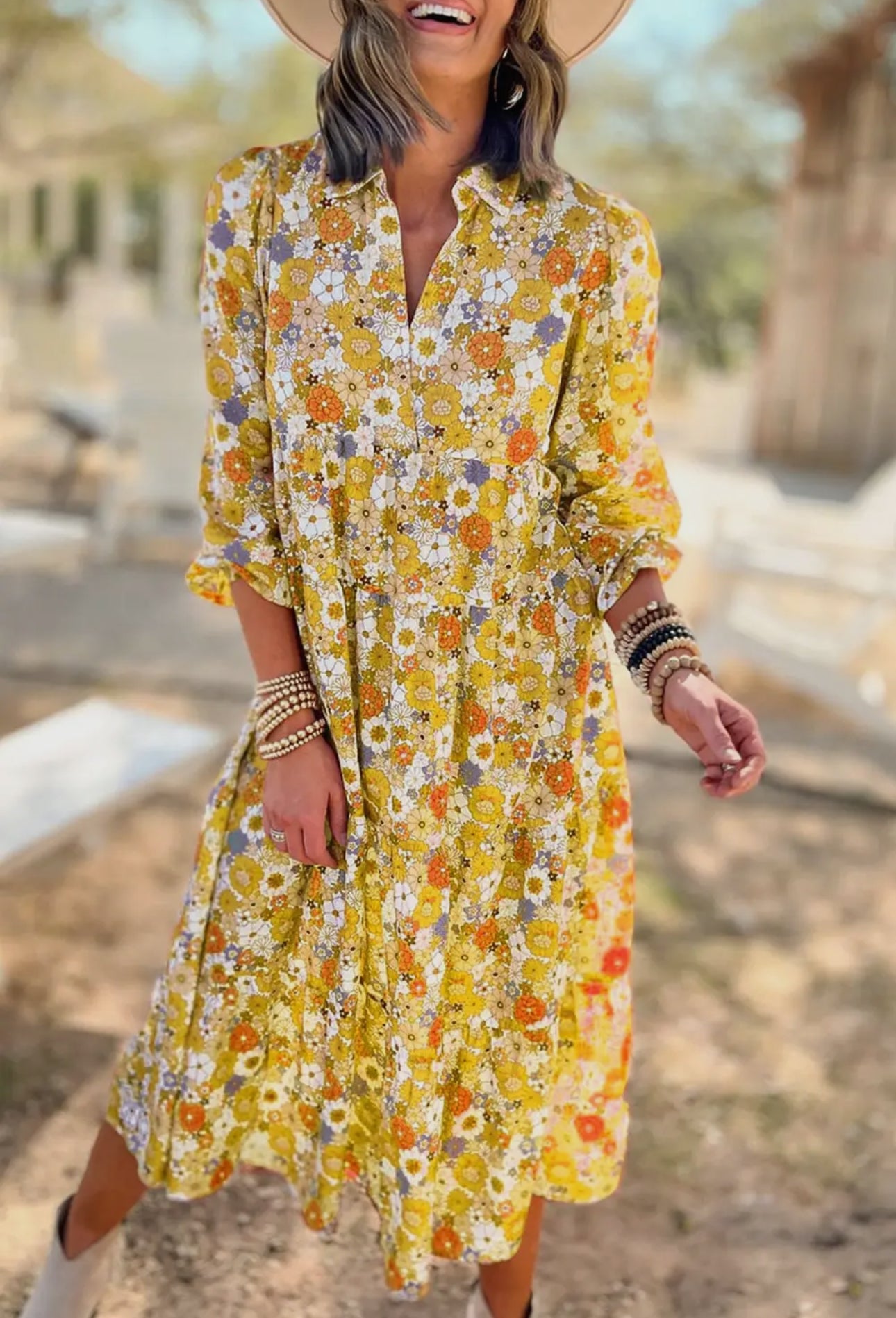 Yellow Floral Midi Dress - Pretty Bash