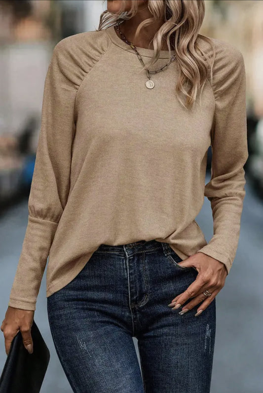 Khaki Ruched Raglan Sleeve Top - Pretty Bash