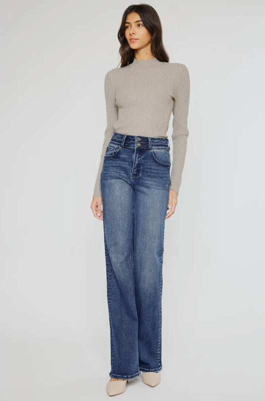 Dark Wash High Rise Flare Jeans - Kan Can USA