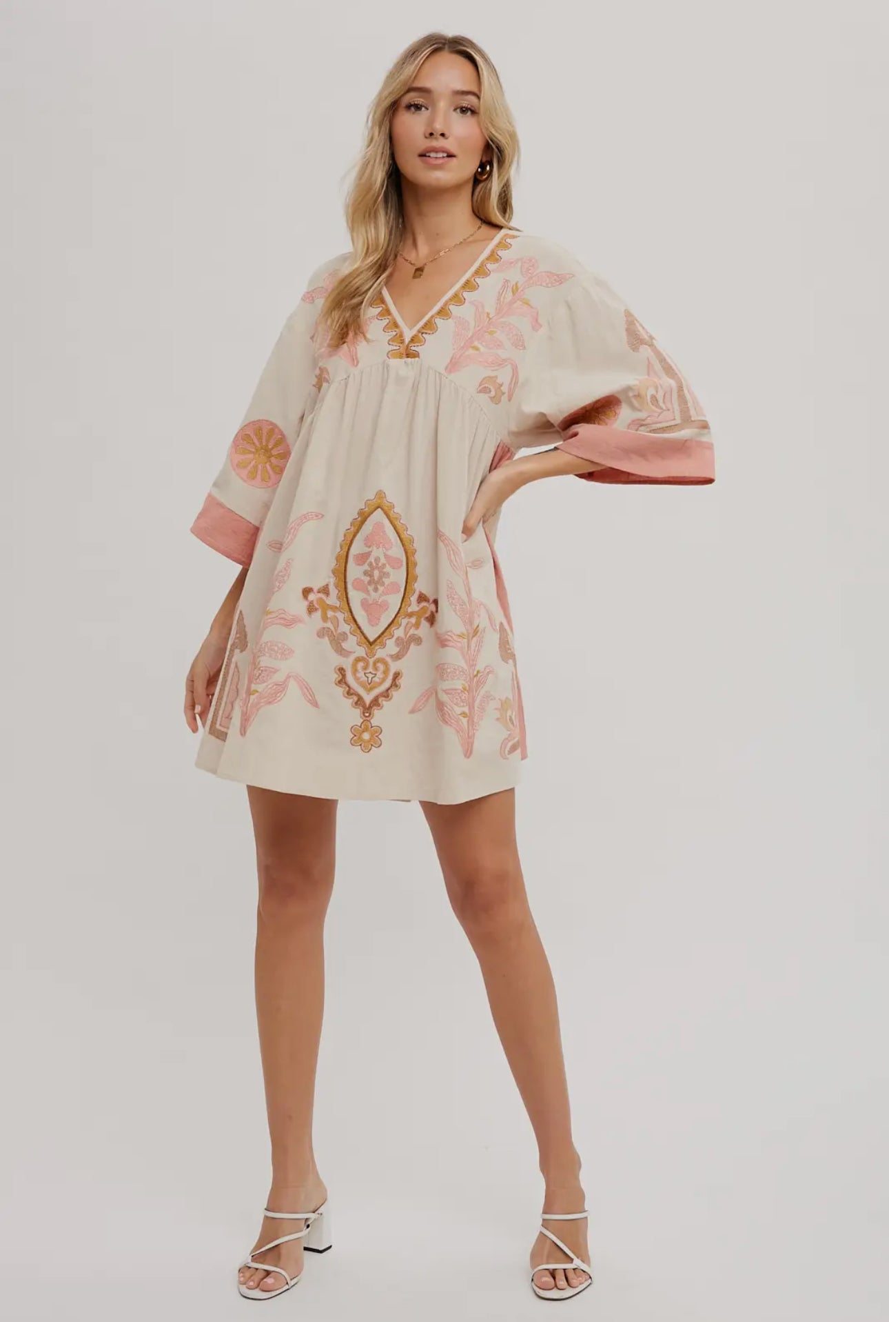 Pink Boho Embroidered Babydoll Dress - Bluivy