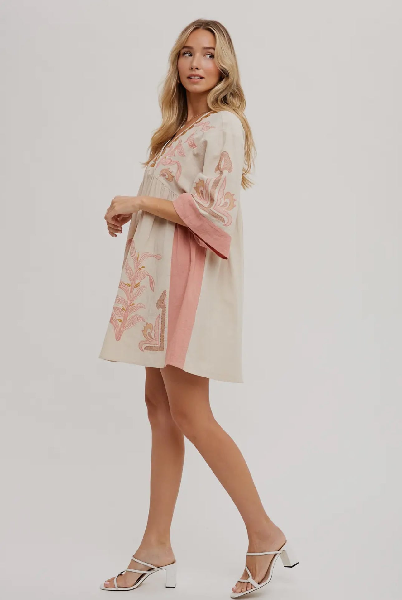 Pink Boho Embroidered Babydoll Dress - Bluivy