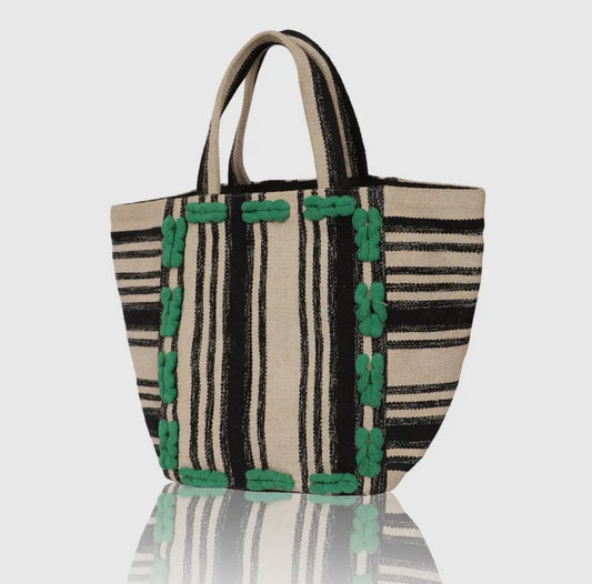 Ivory, Black, & Green Stripe Tote - Chloe&Lex