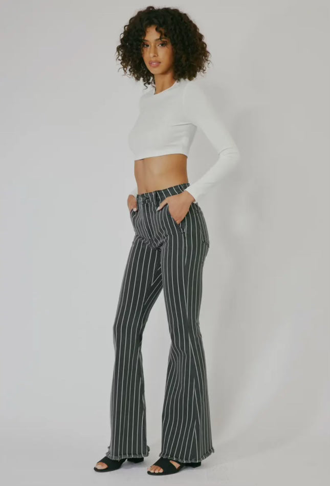 High Rise Flare Jeans Gray with White Stripes - Kan Can USA