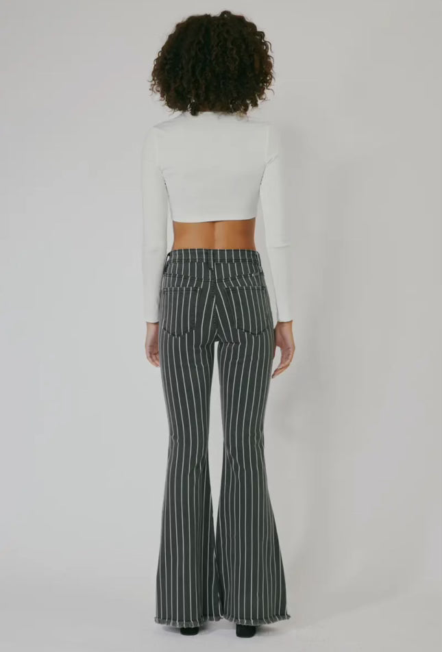 High Rise Flare Jeans Gray with White Stripes - Kan Can USA