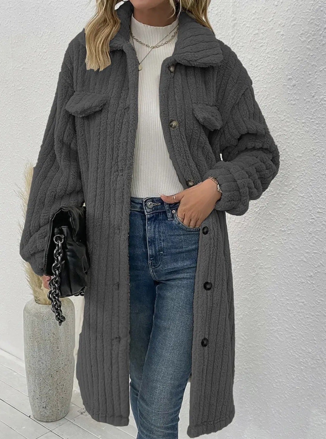 Long Sherpa Coat in Gray - Miss Sparkling