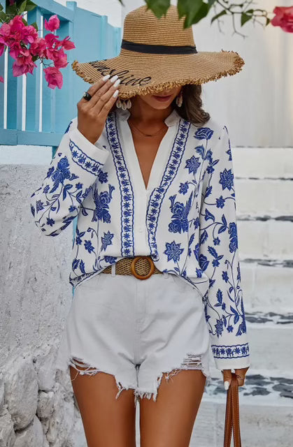 Floral Blue & White Blouse - Elings