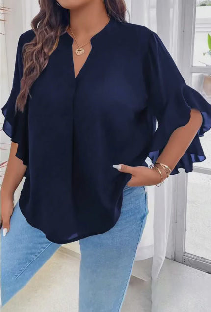 Navy Ruffle Sleeve Blouse - Elings