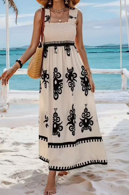 Square Neck Beige Print Maxi - Elings