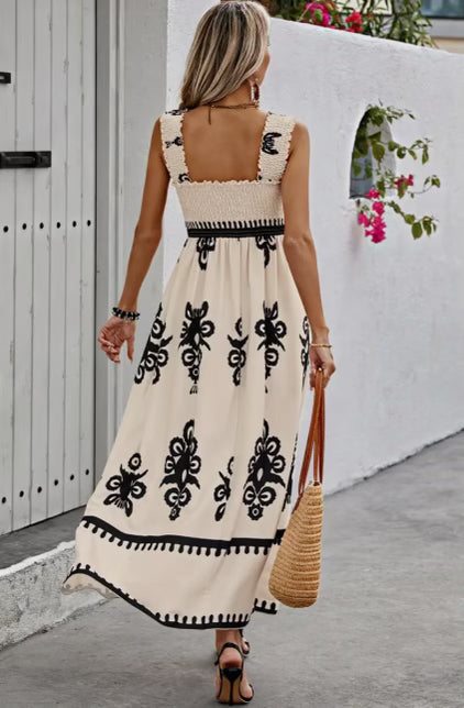 Square Neck Beige Print Maxi - Elings