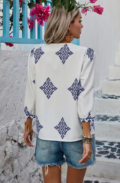 Diamond Design Blue & White Blouse - Elings